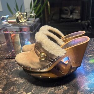 Coach Ivanka Women's Beige Fur Trim Wedge Mules - Size 8M